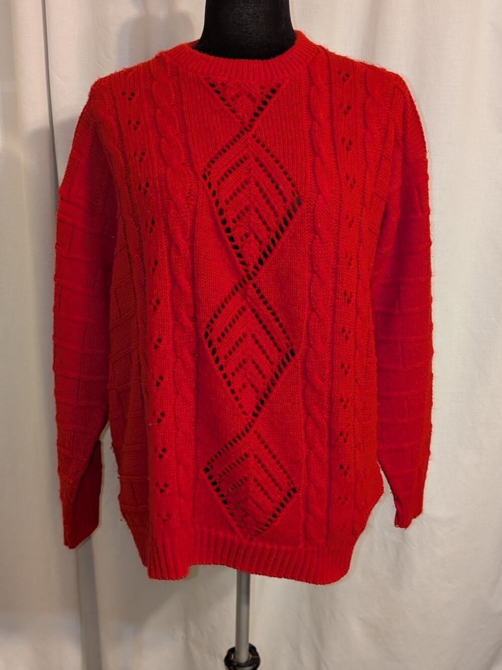 VTG 80s Handmade Red Cable Knit Sweater Brick Pattern Sz L